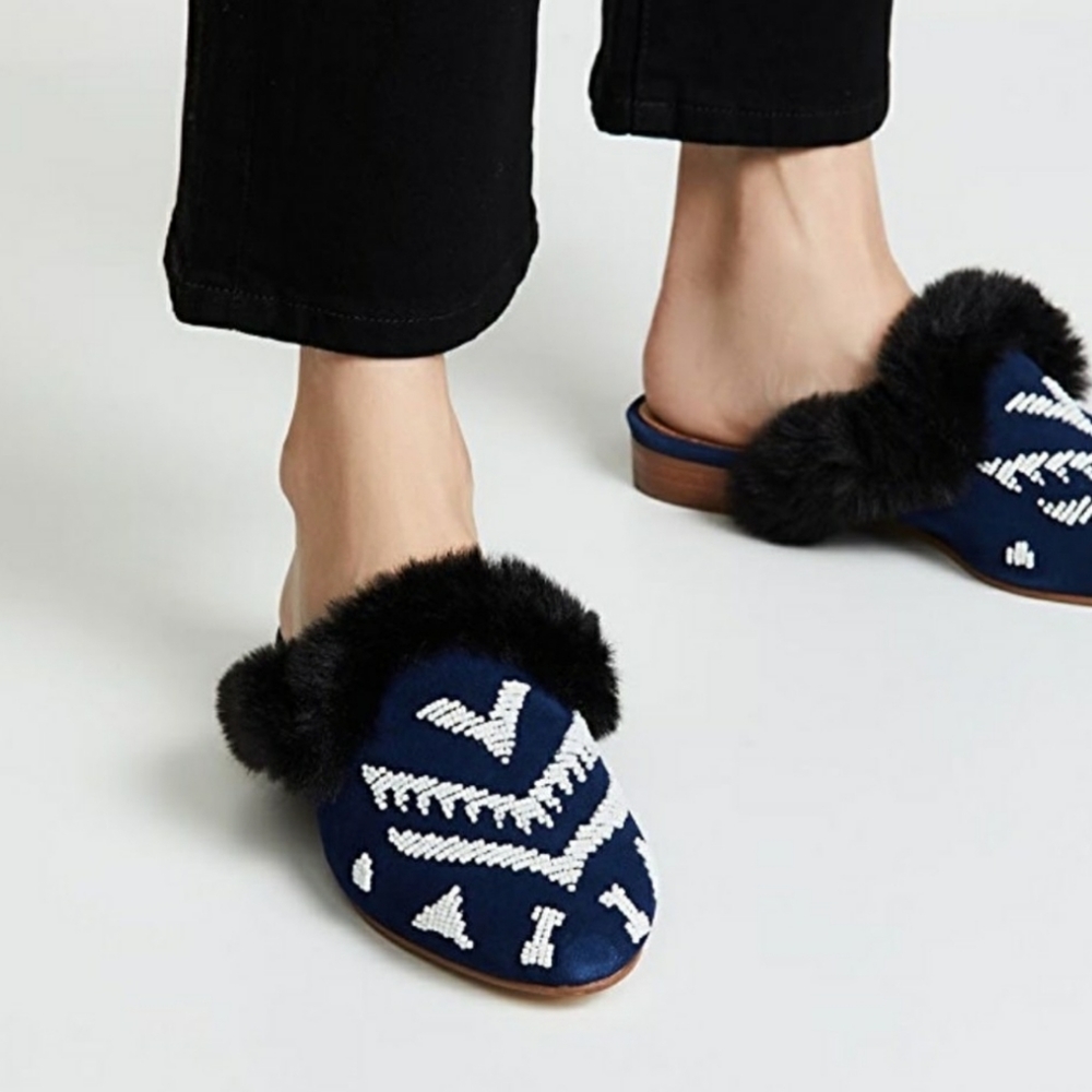 Soludos Sedona Faux Fur Beaded Leather Mule Navy 6 new In Box - Picture 4 of 12